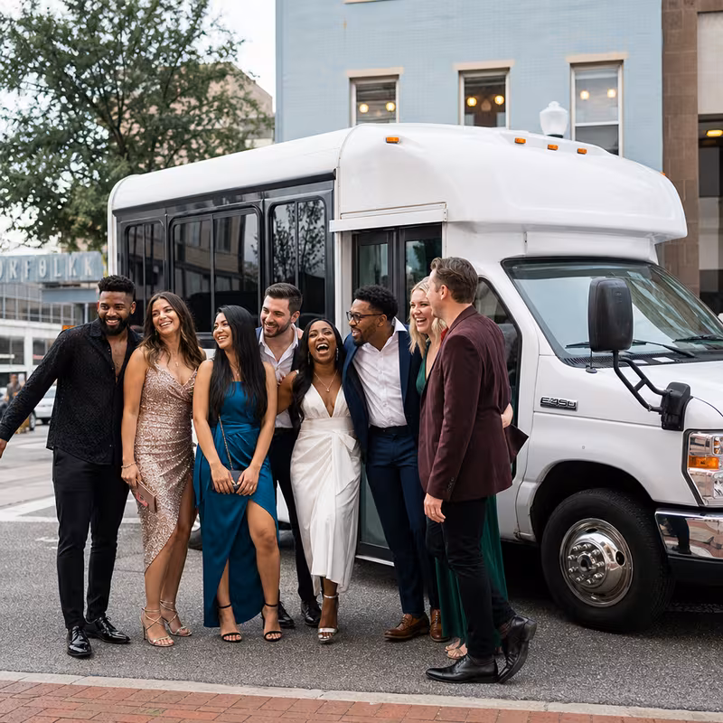 Black Mercedes Sprinter van staged for an Norfolk Bachelor & Bachelorette Transportation group