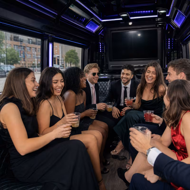 Party bus interior with wraparound leather seating and LED lighting in Norfolk