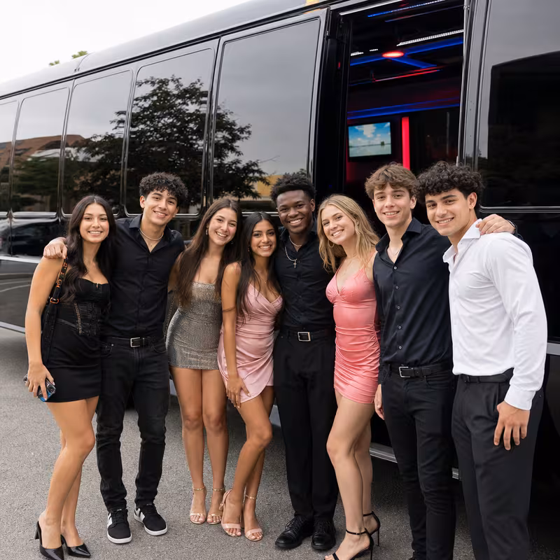 Party bus interior with wraparound leather seating and LED lighting in Norfolk