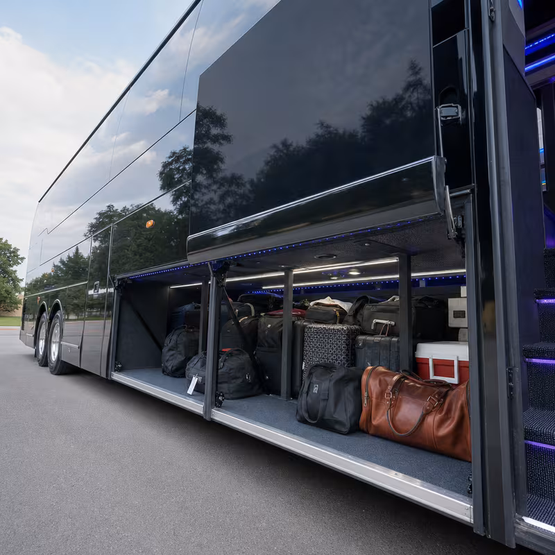 Party bus interior with wraparound leather seating and LED lighting in Norfolk